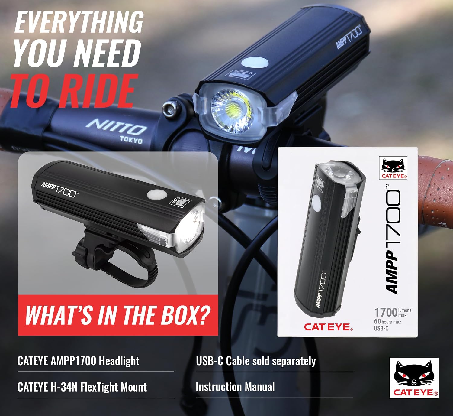 CATEYE AMPP USB Rechargeable Bike Light – High Visibility Super Bright OptiCube™ Headlight for Commuters, Road Cyclists & Mountain Bikers, Day & Night Riding Modes, IPX4 Waterproof, Tough & Durable