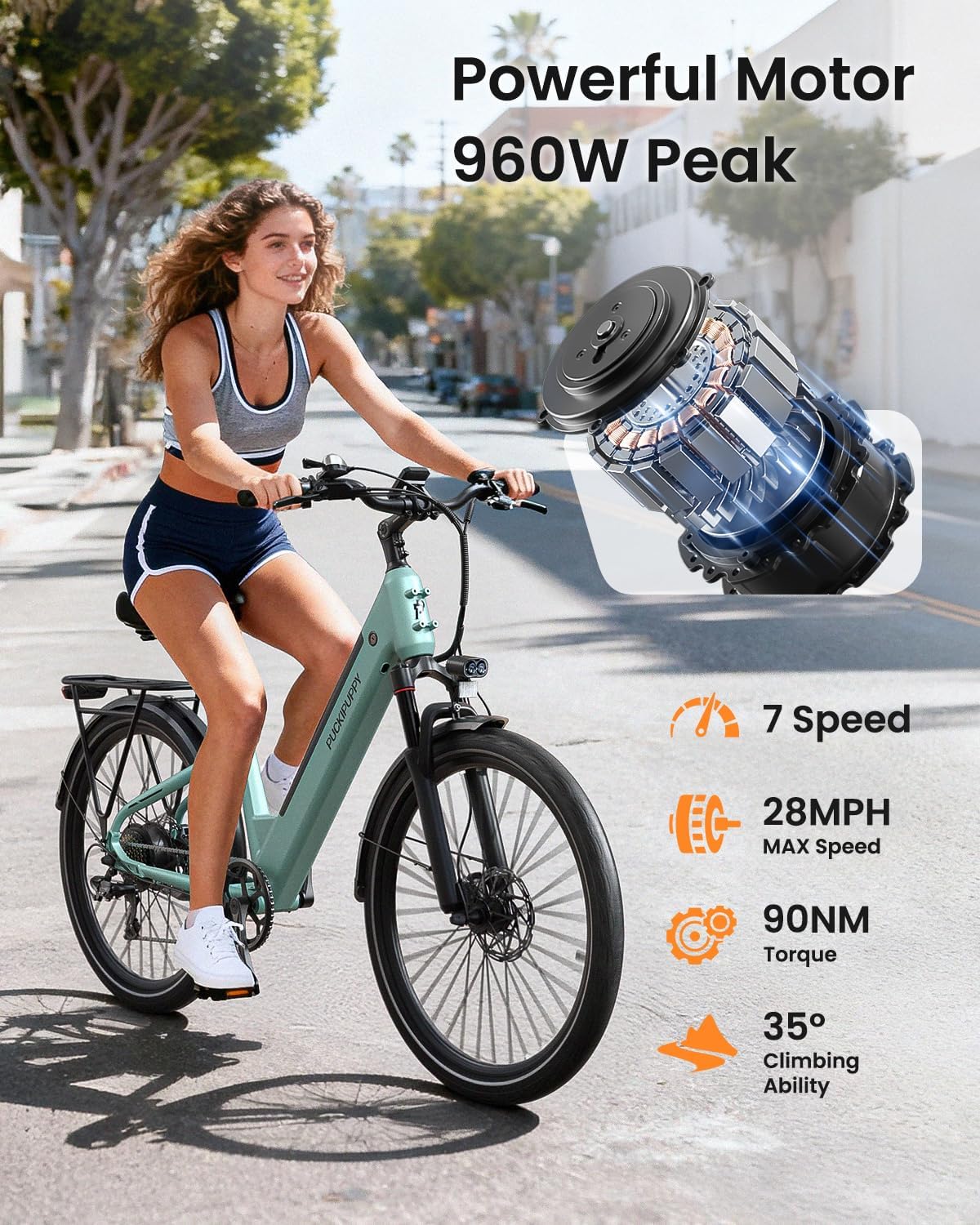 PUCKIPUPPY Parcel+Battery, Electric Bike for Adults 960W, 80Miles 28MPH Commuting Adult Electric Bicycles, 48V15AH Removable Battery Electric Mountain Bike, 7-Speed & LCD Display