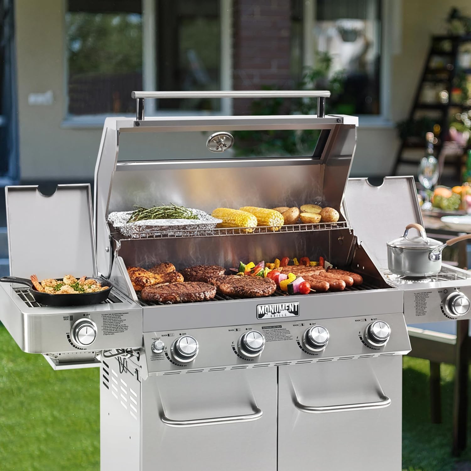 Monument Grills Larger 4-Burner Propane Gas Grills Stainless Steel Cabinet Style with Infrared Side Sear & Side Burners with Stainless Steel Cooking Grids(2 Items)