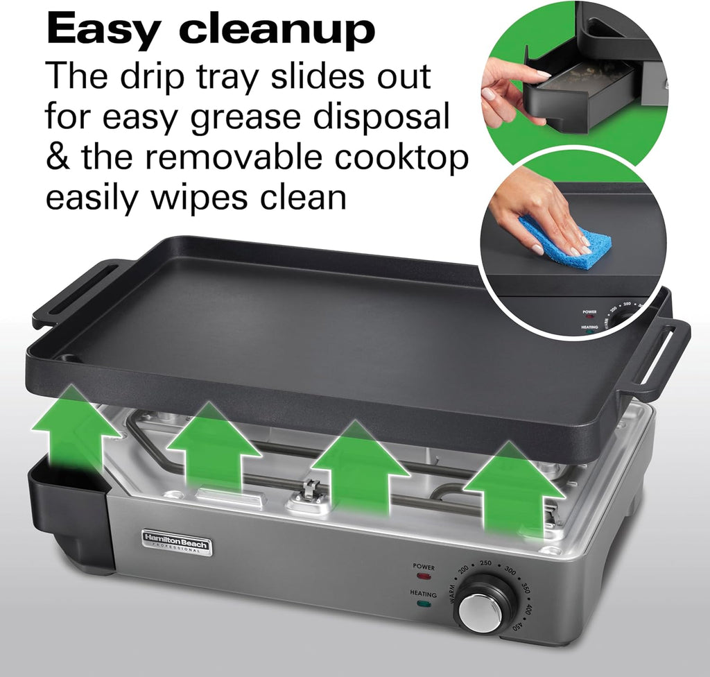 Hamilton Beach Professional Cast Iron Indoor Electric Grill & Griddle, 10' x 16' Preseasoned Cooking Surface, Adjustable Temperature up to 450° F, Black (38560)