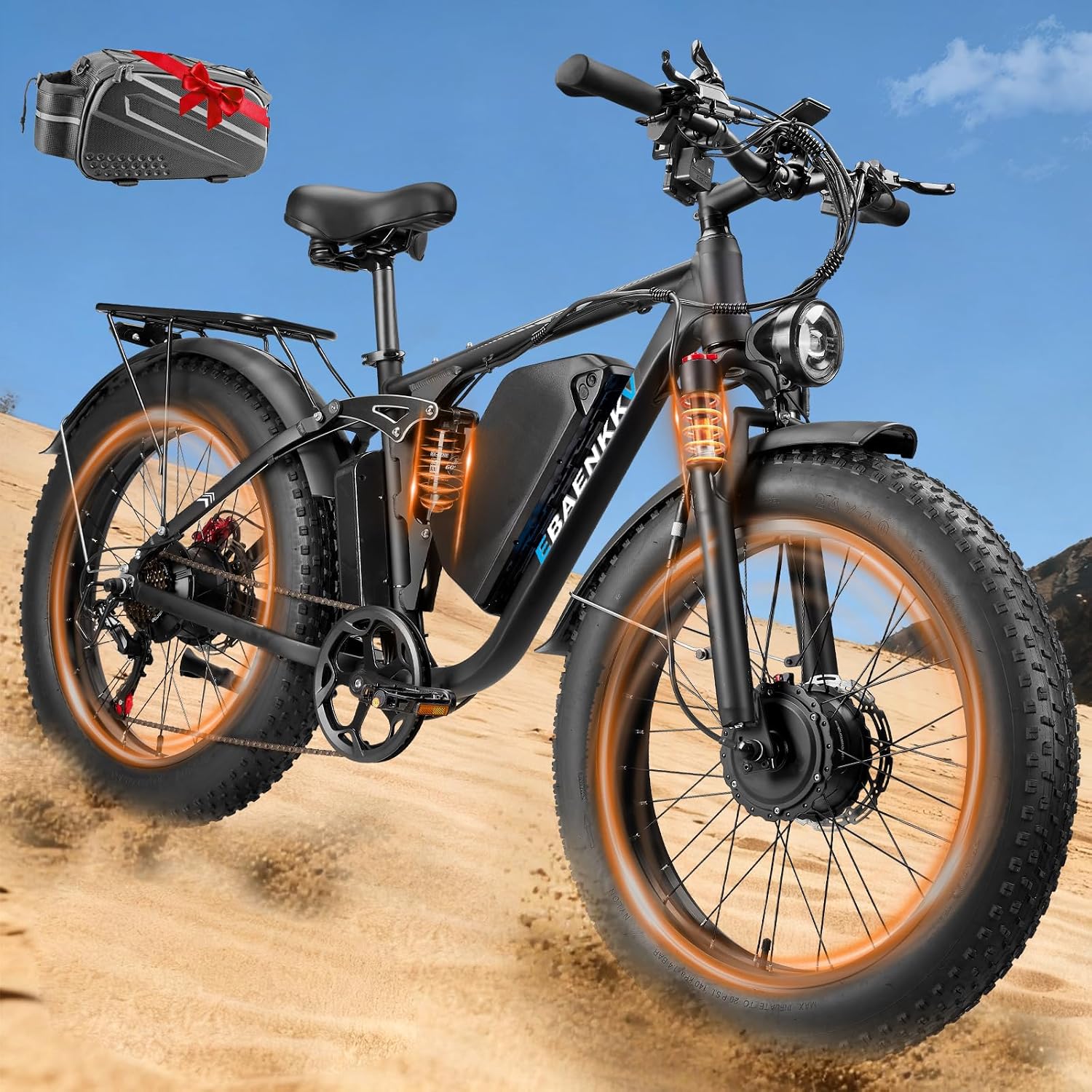 7000W Peak Dual-Motor-Ebike for Adults with 52V 34AH(1768Wh) Battery, 45MPH Fast E-Bike 100 Miles, 24' Fat Tire Electric Bike for Adults, Full Suspension Electric Bicycle Snow Off-Road (Black)