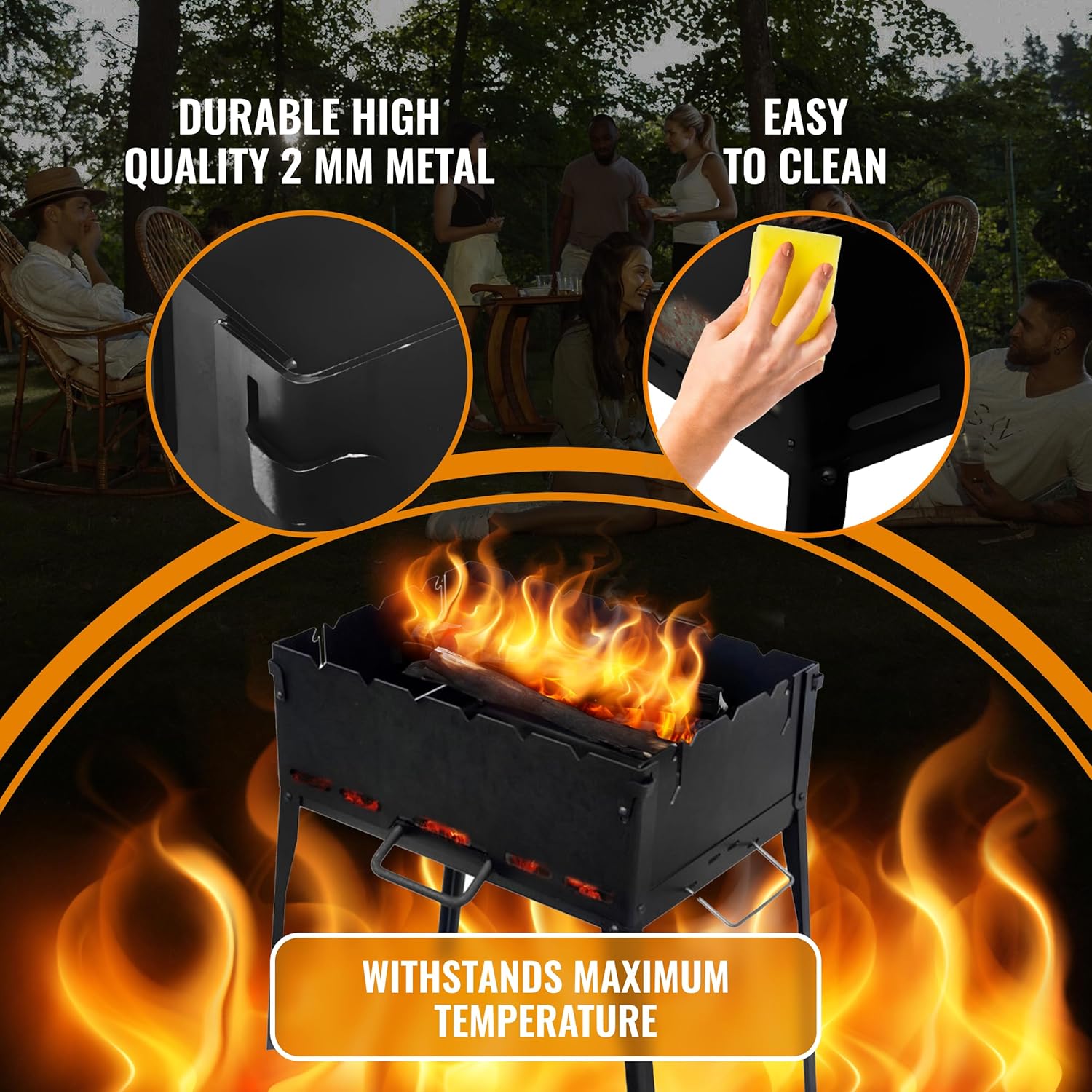 CKG Portable Charcoal Grill Heavy Duty Folding Mangal BBQ Outdoor Grill for Kabab, Shashlyk, Camping Portable Grill for Travel, 6 Skewers (Skewers not included in set) 2 mm Metal Thickness