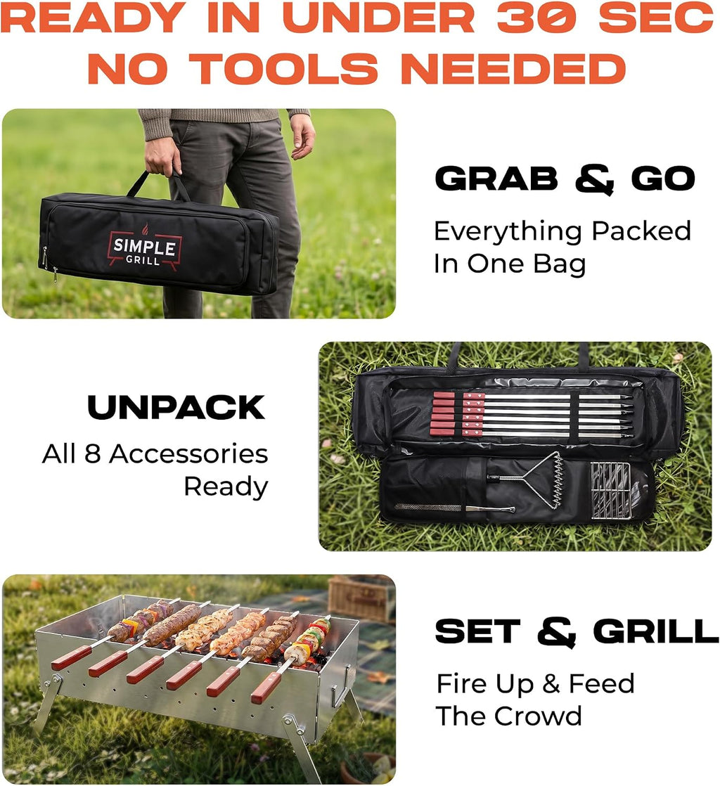 TSG Portable Stainless Steel Mangal Charcoal Grill For Shish Kebab, Steaks, Burgers | 20X12Inch| Includes 6 Skewers, 2 Tongs & Carry Bag | Foldable & Rustproof for Outdoor Cooking | Serves 8-12 People