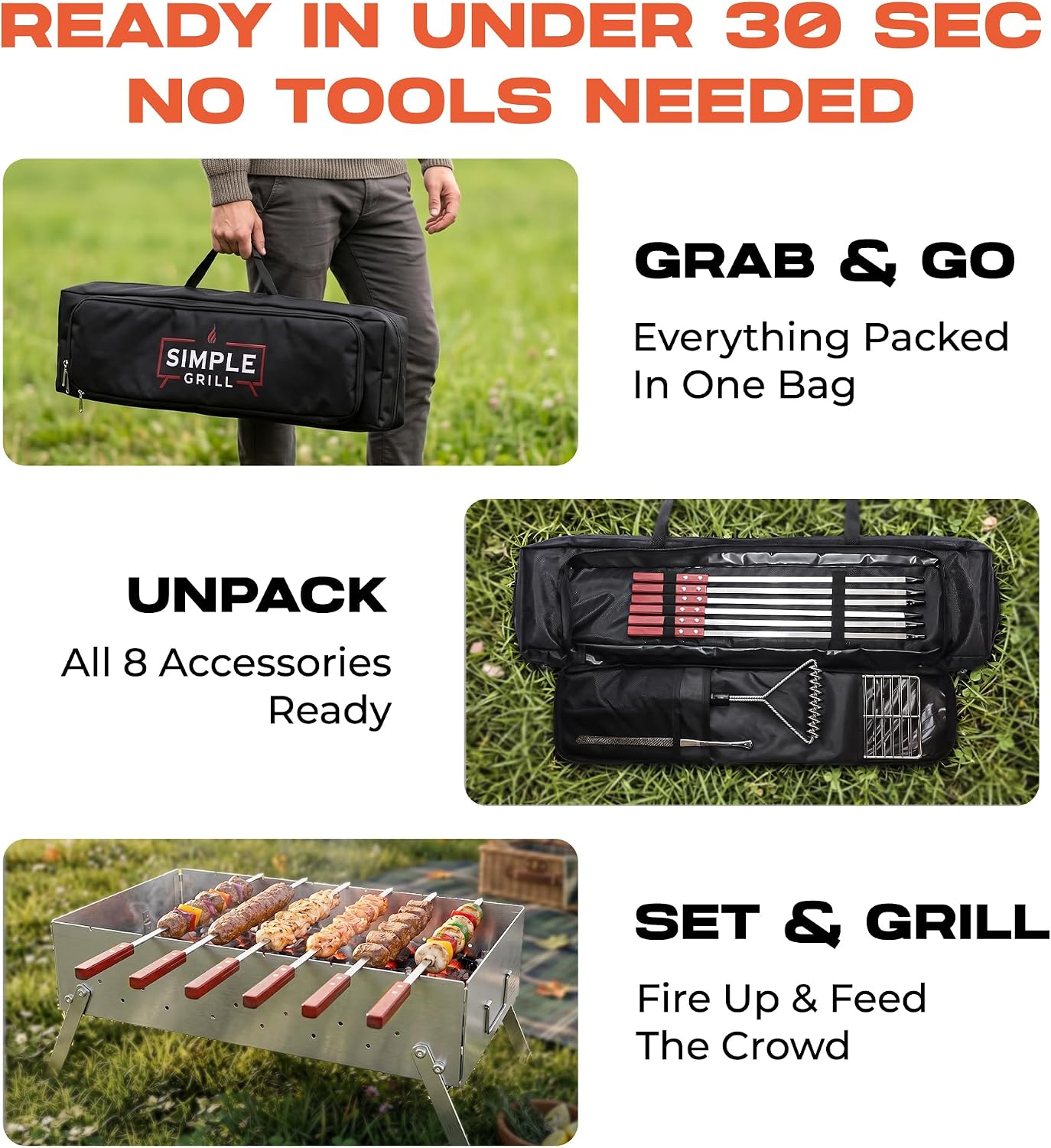 TSG Portable Stainless Steel Mangal Charcoal Grill For Shish Kebab, Steaks, Burgers | 20X12Inch| Includes 6 Skewers, 2 Tongs & Carry Bag | Foldable & Rustproof for Outdoor Cooking | Serves 8-12 People