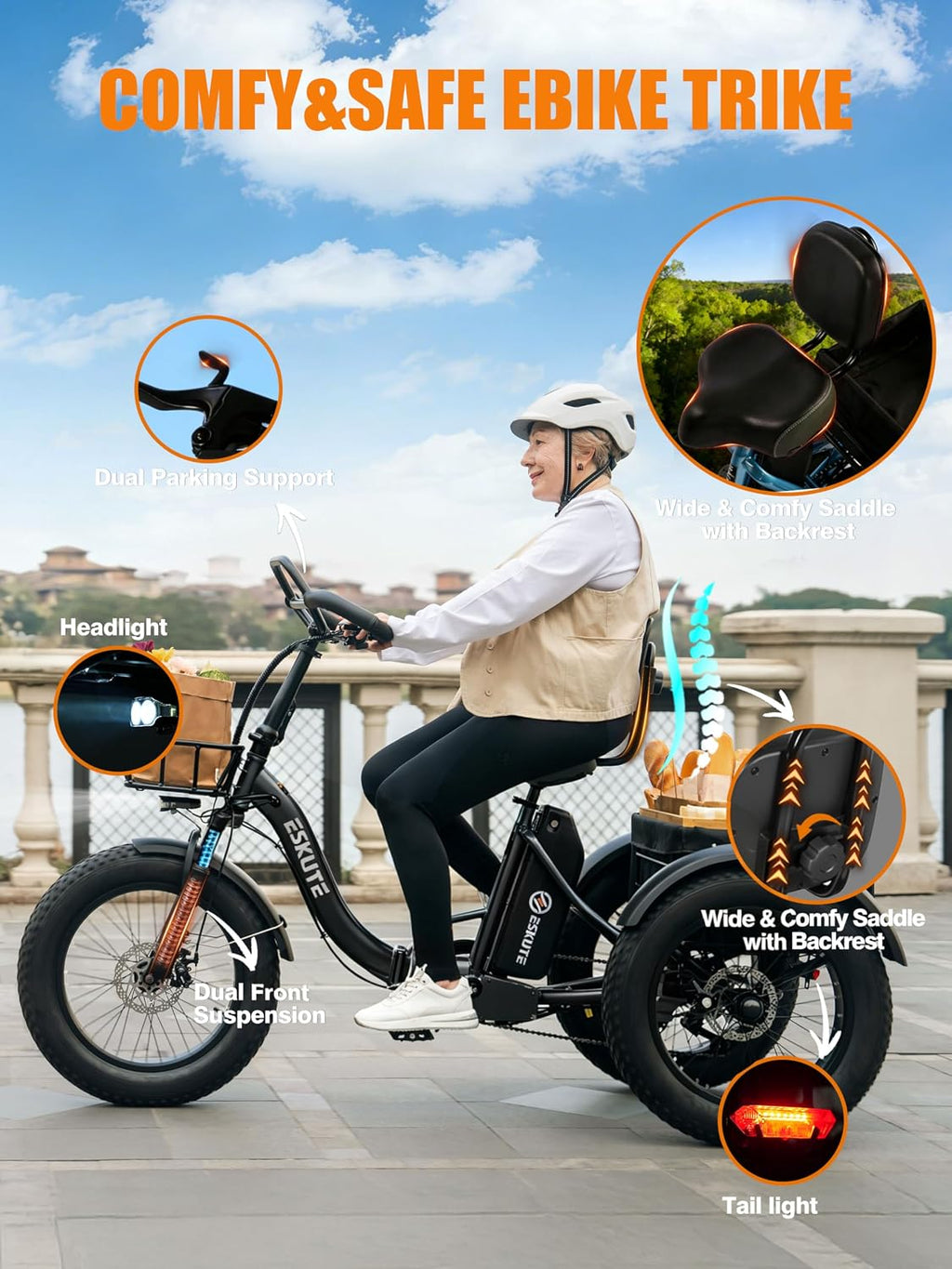 ESKUTE T300 Pro Electric Trike for Adults, 998.4Wh Long-Range Battery, 1200W Peak Motor, 20'x4.0' Fat Tires, Foldable 3-Wheel Butterfly Handlebar E-Bike with Storage Bags