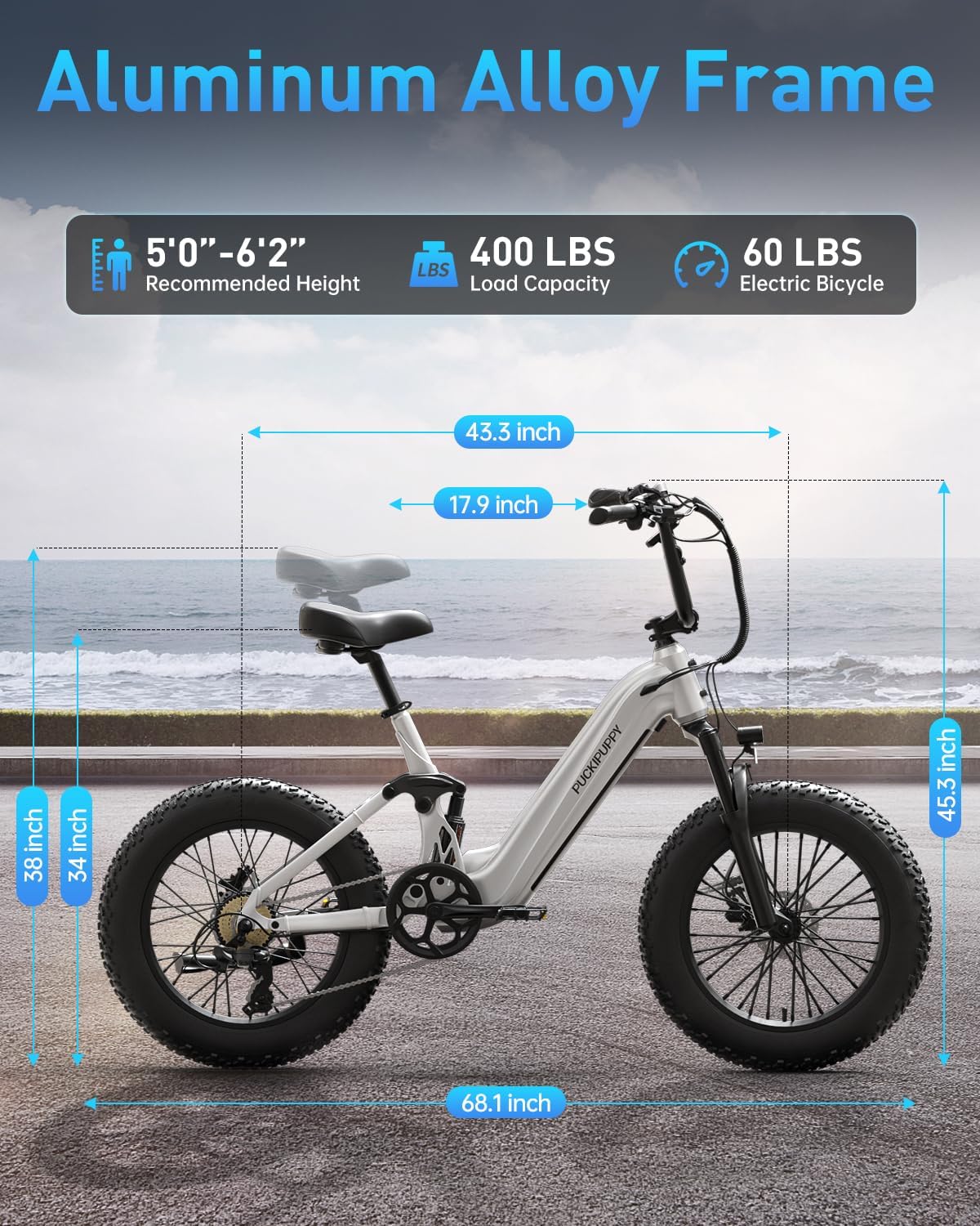 PUCKIPUPPY Electric Bike Mountain Ebike 20'' Fat Tire 7 Speed for Adults | 960W, 48V 20Ah Battery, Full Suspension, 28MPH, 80Miles Range, LCD Display