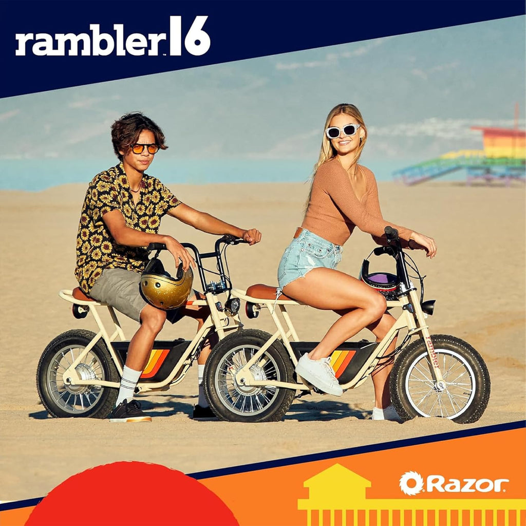 Razor Rambler 16 Electric Retro Mini Bike Ride for Teens Ages 18+, 220 lb Max Weight, Tan – 350W Motor, Up to 15.6 Mph, 45-Min Run Time, Twist-Grip Throttle, Spoked Wheels w/ 16' Pneumatic Tires