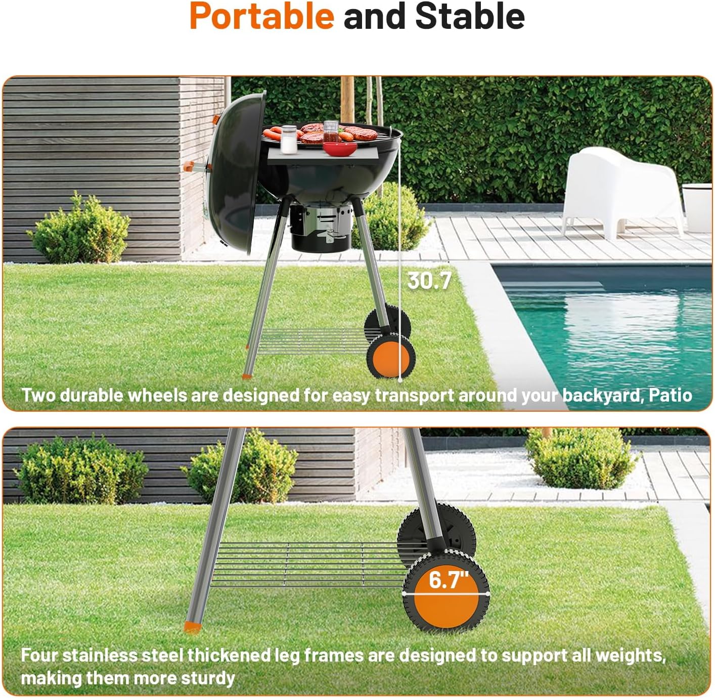KEYO GRILL 22.5-inch Kettle Charcoal Grills, Portable Charcoal Grill with Adjustable Vents, One Click Cleaning System, Foldable Side Table Outdoor BBQ Grill for Camping, Tailgating and Backyard
