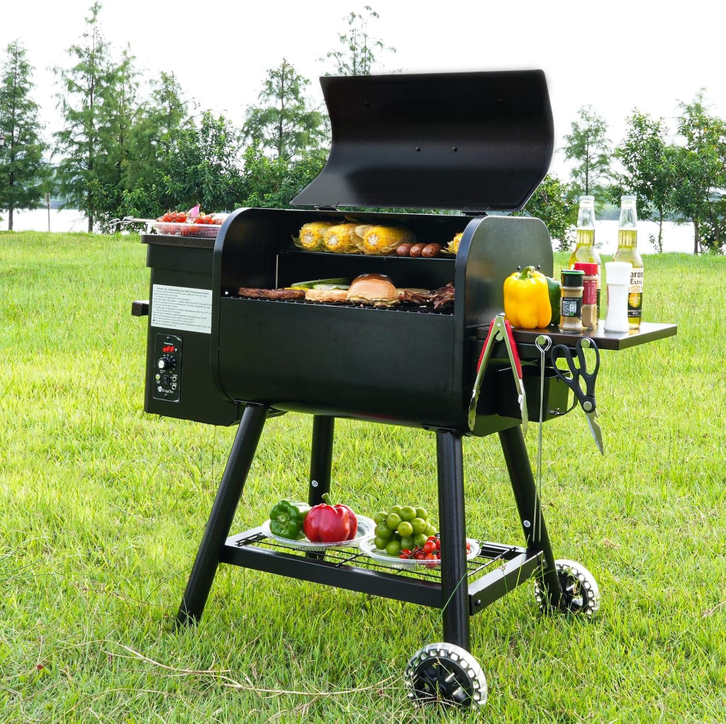 KingChii Electric Wood Pellet Grill & Smoker with Side Shelf, 456 SQ.IN Grill Capacity, 18LB Hopper, with PID Temperature Control (180-425°F) for Backyard Camping Bake and Roast, Black with Cover
