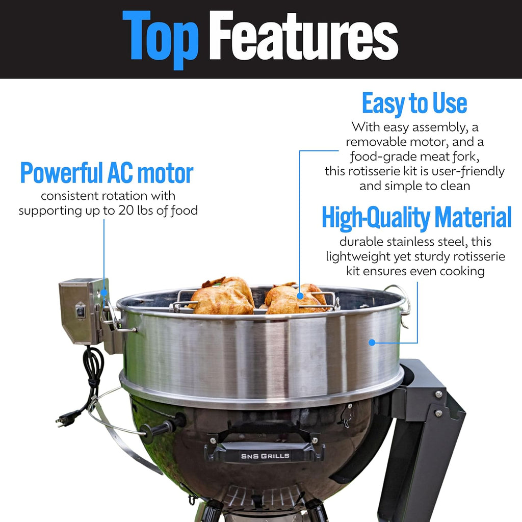 Slow 'N Sear® Rotisserie Kit for 22' SnS Grills Kettle Grills, Stainless Steel Accessory Perfect for Even Cooking and Grilling