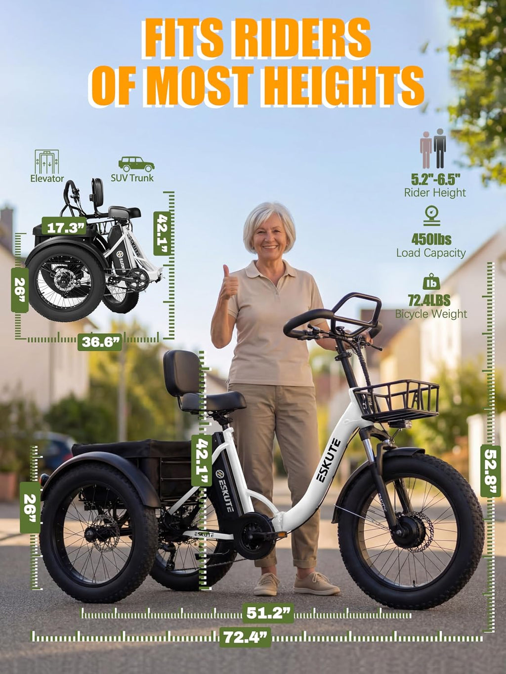 ESKUTE T300 Pro Electric Trike for Adults, 998.4Wh Long-Range Battery, 1200W Peak Motor, 20'x4.0' Fat Tires, Foldable 3-Wheel Butterfly Handlebar E-Bike with Storage Bags