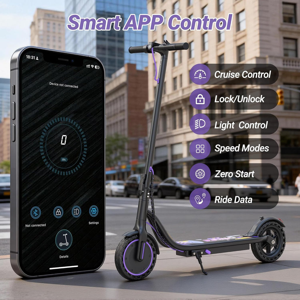 Electric Scooter, 350W-500W Motor, 19 MPH to 22MPH, 15-41 Miles Range, Dual Suspension, Dual Braking, App Control, Foldable Commuter E Scooter for Adults and Teens