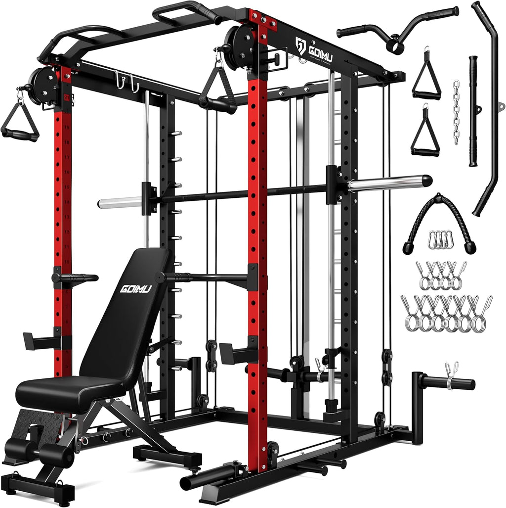 S1-V4 Smith Machine, 2000LBS Power Cage with Cable Crossover System, All-in-One Squat Rack with Smith Bar, Strength Training Equipment for Hone Gym