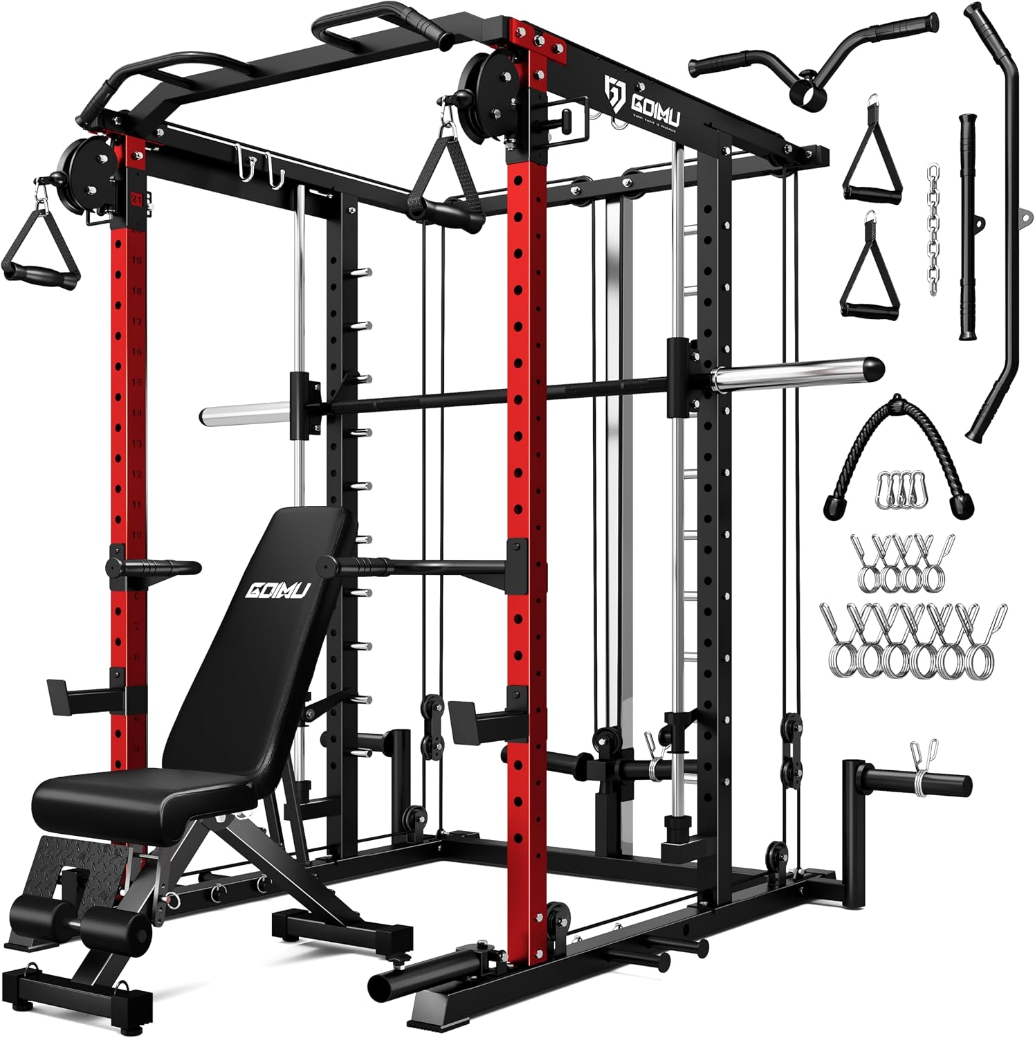 S1-V4 Smith Machine, 2000LBS Power Cage with Cable Crossover System, All-in-One Squat Rack with Smith Bar, Strength Training Equipment for Hone Gym