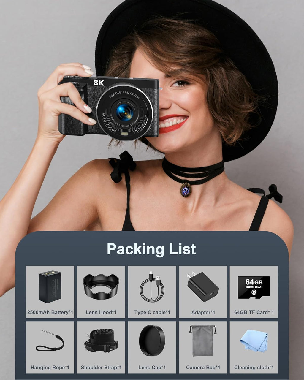 8K Digital Camera, 88MP Cameras for Photography, Vlogging Camera for YouTube with 3' 180° Flip Screen, 18X Zoom UHD Autofocus Video Camara with Lens Hood, 64GB Card