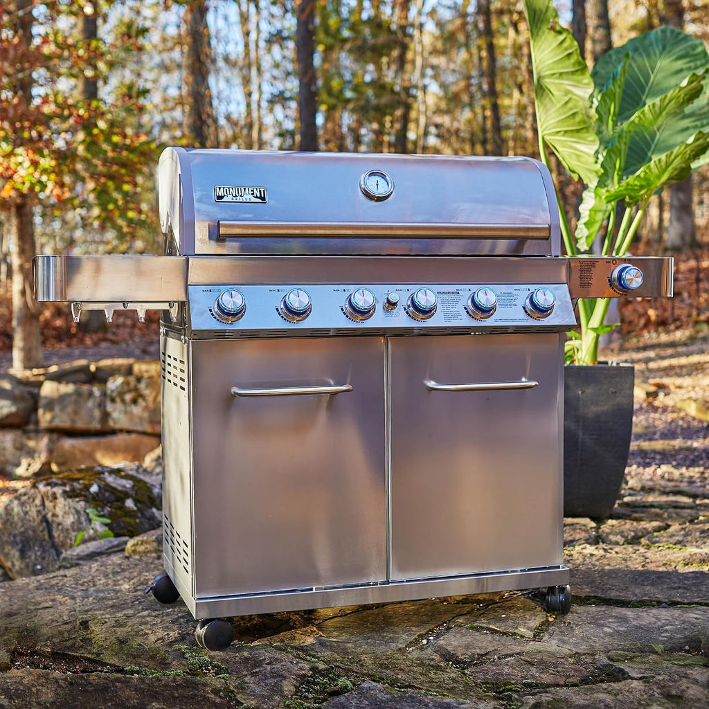 Monument Grills 77352 6+1 Burner Stainless Steel Cabinet Style Propane Gas Grill with Knob Controls, Side Burner, Built-In Thermometer, and Rotisserie Kit