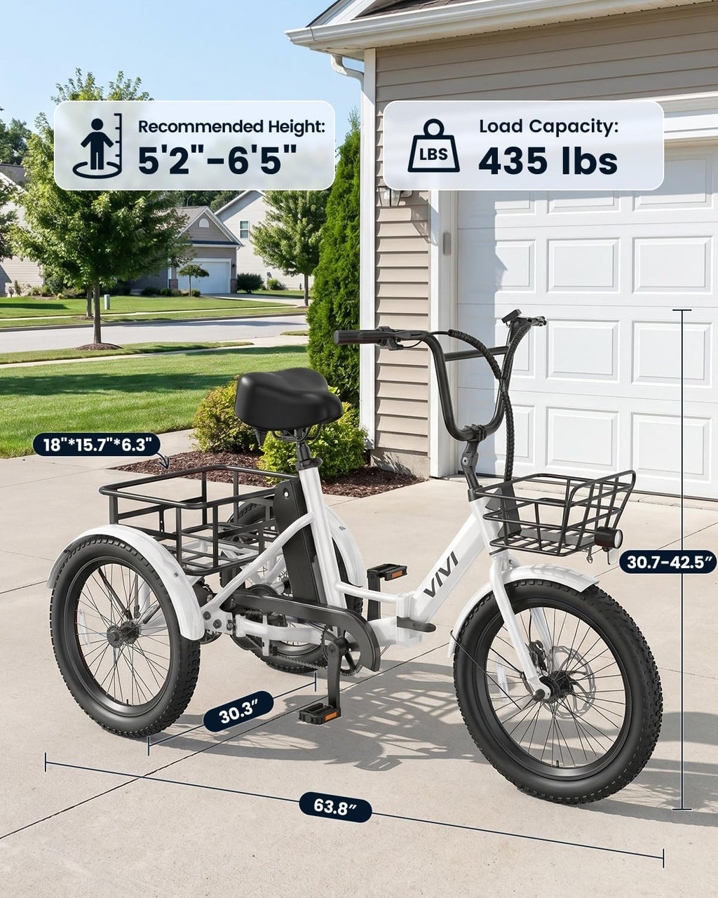 Vivi T01 20' x2.6 Fat Tire Electric Tricycle for Adults, 750W Peak 20'' Folding 3 Wheels Electric Bike, 95% Pre-Assembled, Speed Differential, 15.5MPH Eletric Trike with Bracket