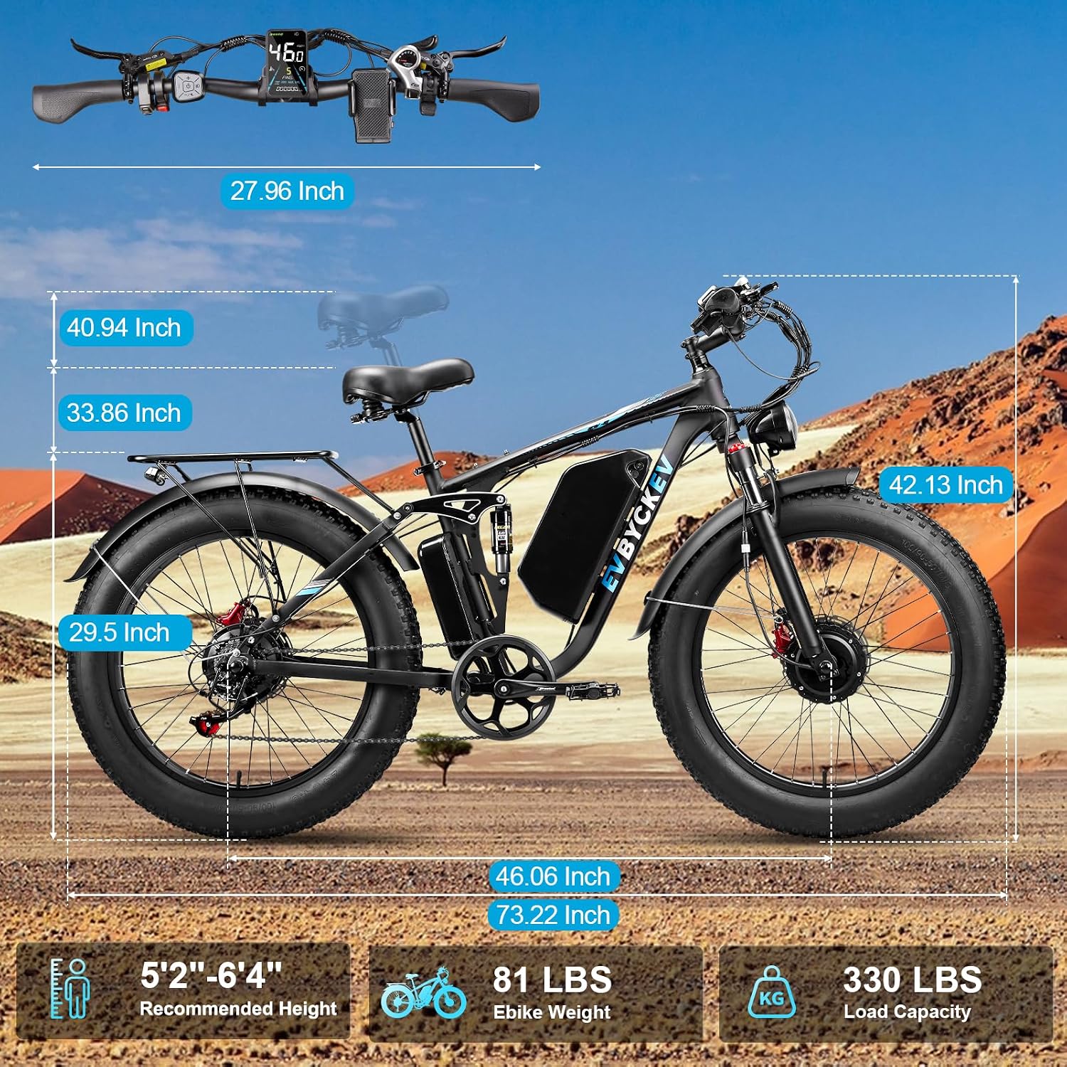 9000W Peak Dual Motor Ebike,58V Max 34Ah Adults Electric Bike,Up to105 Miles Range 47MPH Top Speed Fast Ebike,Full Suspension 24Inches Fat Tires Mountain E Bicycle for Sand Snow Beach&Off-Road