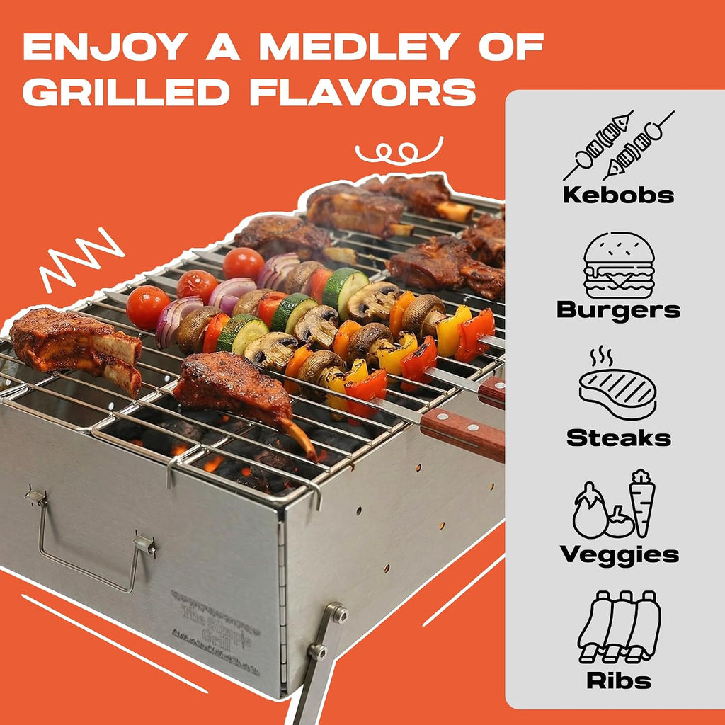 TSG Portable Stainless Steel Mangal Charcoal Grill For Shish Kebab, Steaks, Burgers | 20X12Inch| Includes 6 Skewers, 2 Tongs & Carry Bag | Foldable & Rustproof for Outdoor Cooking | Serves 8-12 People