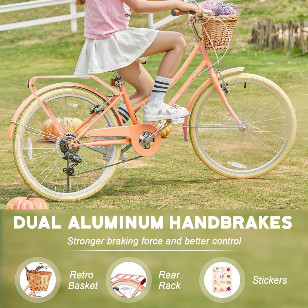 Glerc 20 24 26 Inch Beach Cruiser Bike, 6-Speed Hybrid City Bicycle for Girls Youth and Over 6 Years Old, Missy Bike with Wicker Basket & Lightweight, Multiple Colors