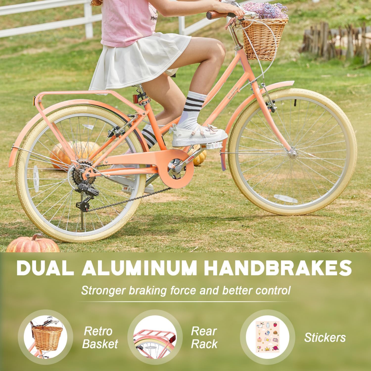Glerc 20 24 26 Inch Beach Cruiser Bike, 6-Speed Hybrid City Bicycle for Girls Youth and Over 6 Years Old, Missy Bike with Wicker Basket & Lightweight, Multiple Colors