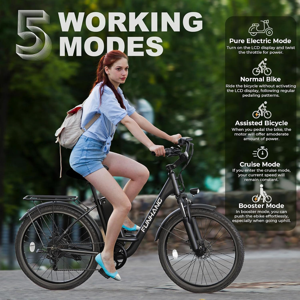 Funhang Electric Bike for Adults, 26' City Cruiser Ebike with 1000W Peak Motor, 20MPH 50 Miles Commuter Adult Electric Bicycles with 48V Battery, Adjustable Stem, 7-Speed, UL 2849 Certified