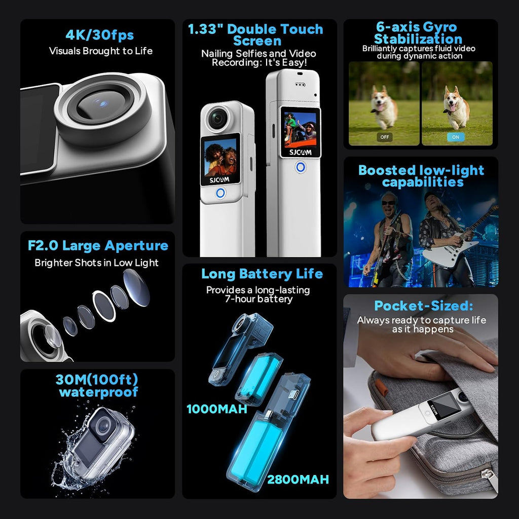 SJCAM C300 Vlogging Camera,64GB 4K Action Camera,Magnetic Body Cam & Handheld Detachable Design, Vlogs for Content Creators YouTube Streaming,7Hour Power,Stabilization,Waterproof,White