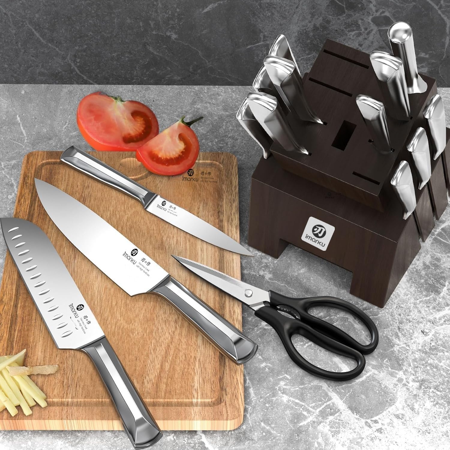 imarku Knife Set, 16Pcs Japanese Knife Set with Block & Built-in Sharpener, High Carbon Stainless Steel Kitchen Knives, Non-Slip Ergonomic Handle, Dishwasher Safe, Home Essentials Perfect for Gifts