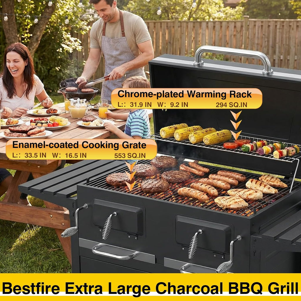 Bestfire 63' Oversized Charcoal BBQ Grill & Smoker, Large Outdoor Grill with 2 Individual Lifting Charcoal Trays, Cabinet-Style Charcoal Grills with Foldable Side Tables, 4 Wheels, Asadores de Carbon