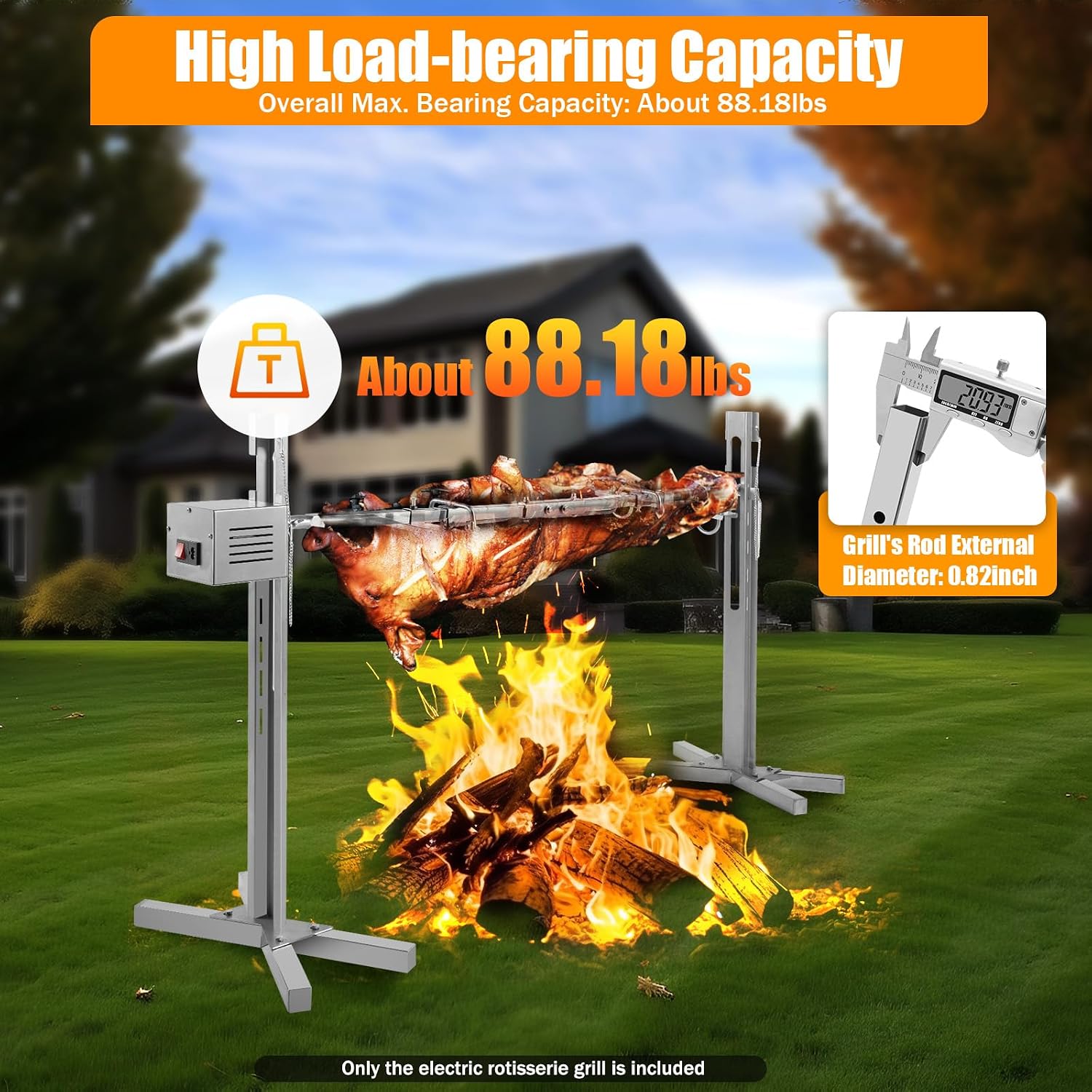 53' Electric Rotisserie Grill Kit, 88.18lbs Capacity Large Spit Roaster BBQ Grill 360° Rotatable Outdoor Picnic Cooker Grill 25W with Adjustable Height, for Outdoor Camping Party
