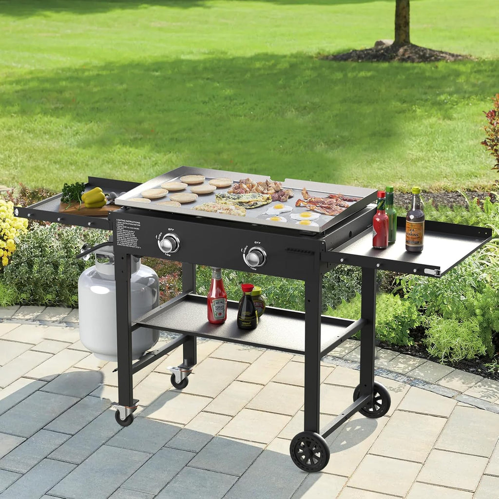 SKOK Foldable Gas Griddle-28 Inch Outdoor Propane Griddle, Portable Flat Top Gas Grill -30000 BTU Propane Fuelled, 2 Burners Table Top Griddle Station with Side Shelves