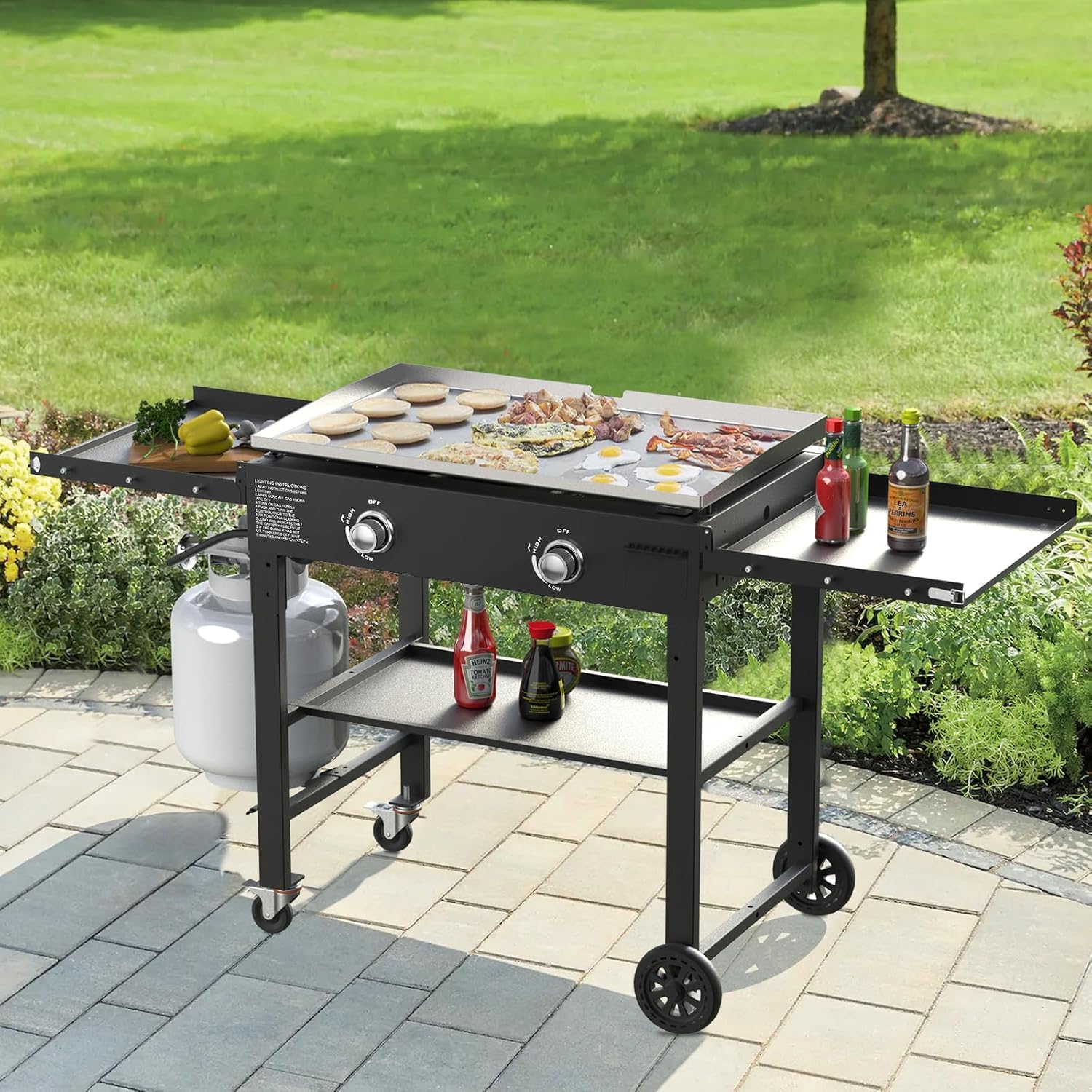 SKOK Foldable Gas Griddle-28 Inch Outdoor Propane Griddle, Portable Flat Top Gas Grill -30000 BTU Propane Fuelled, 2 Burners Table Top Griddle Station with Side Shelves