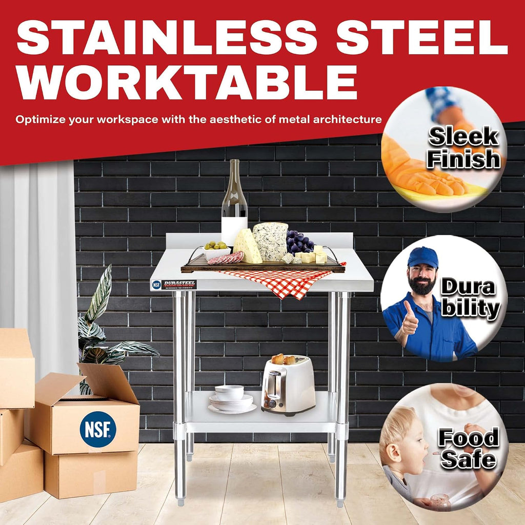 DuraSteel NSF Commercial Kitchen Table - 24 x 30 Inch Cooking Prep Stainless Steel Kitchen Island Workstation w/ Adjustable Under Shelf - Heavy Metal Backsplash Workbench For Restaurant, Home, Garage