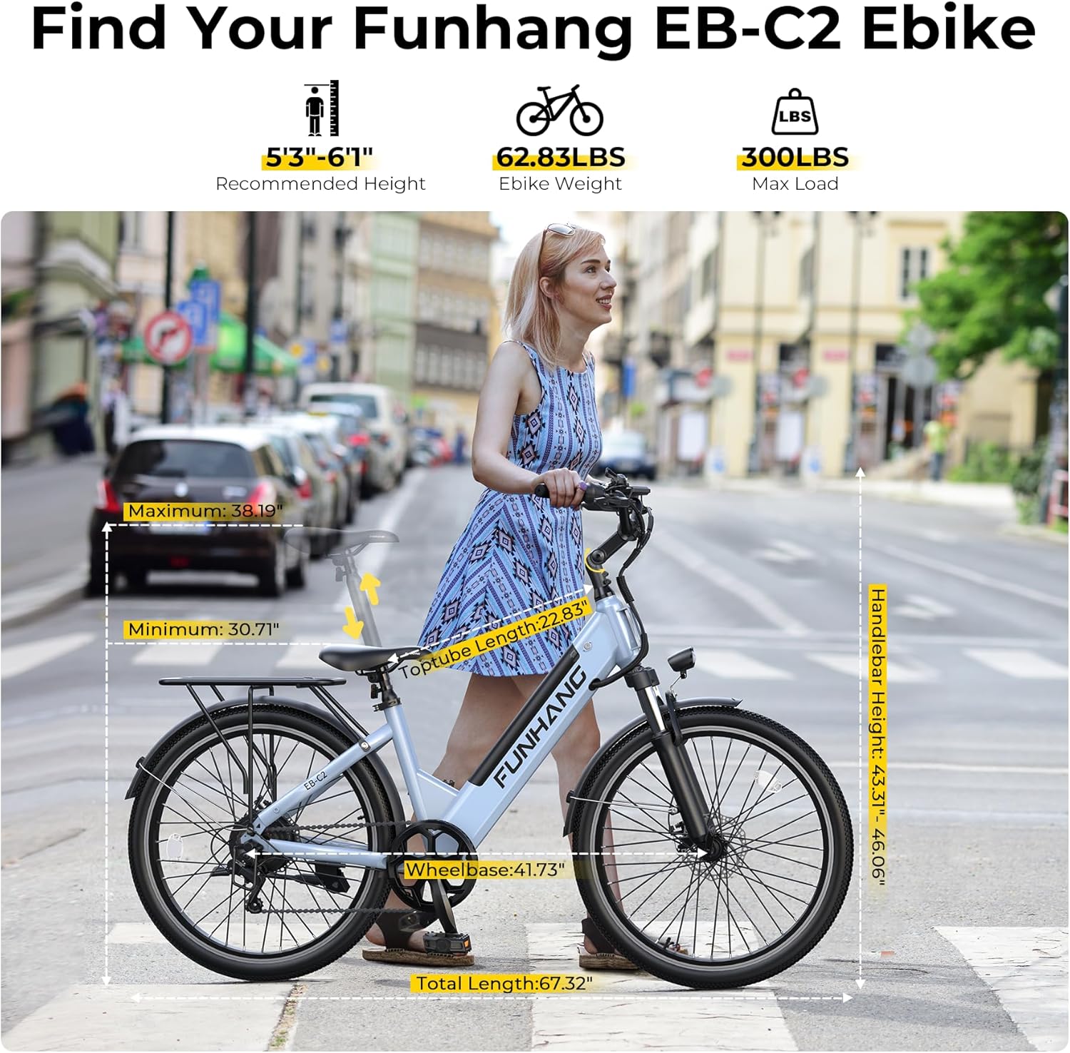 Funhang Electric Bike for Adults, 1000W Peak Ebike, 50Miles 20MPH Step Thru Electric Bicycle, 26' Commuter E Bikes with 48V Built-in Removable Battery, Adjustable Stem, 7-Speed, UL 2849 Certified