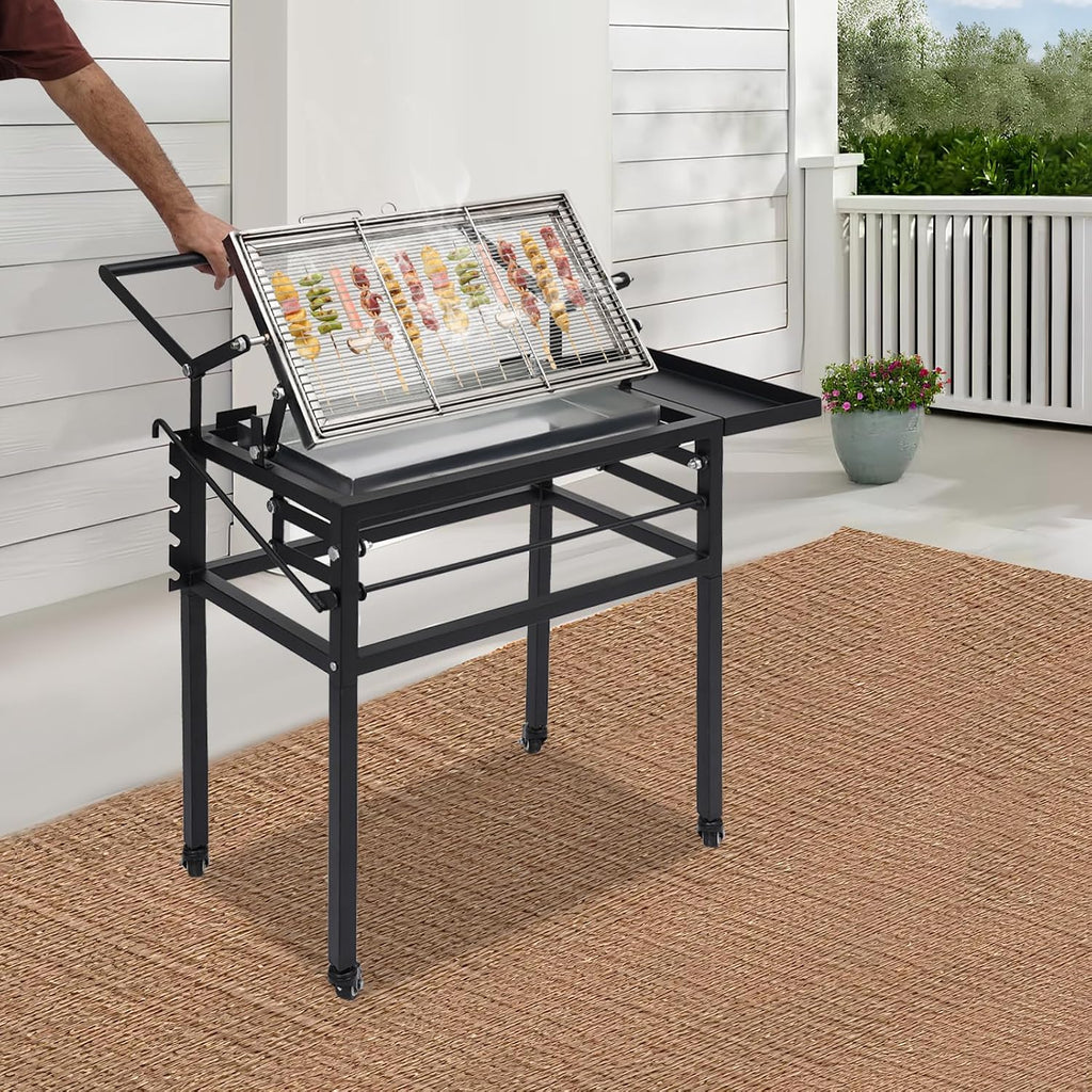 Portable charcoal-fired flip-grill barbecue rack, black outdoor camping barbecue grill, featuring a 360-degree flip-grill cooking grid, removable tray, and adjustable steel frame