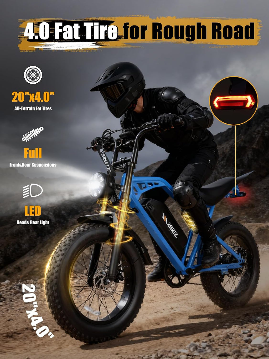 ESKUTE V200 Electric Dirt Bike for Adults,52V20.8Ah Battery,20' x4.0 Fat Tire,32MPH,NFC Unlock Color Display,7-Speed Dual Suspension,Dirt E-Bike,80 Miles, Streamlined Frame, E-Bike for Youth & Adults