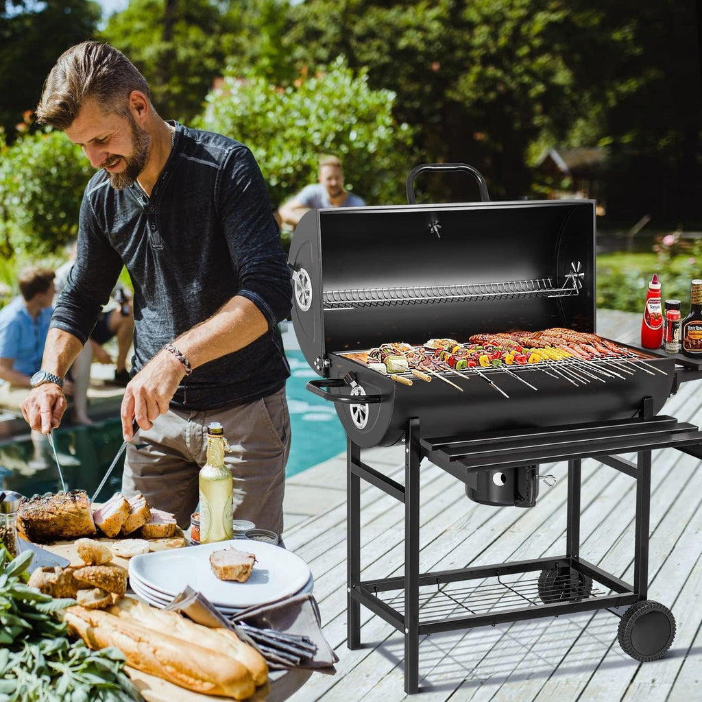 Flamaker Charcoal Grill Barrel style BBQ Charcoal Grill with Three Item Racks Thermometer Double-Layer Chrome-Plated Iron Baking Pan Ash Catcher for Camping Outdoor BBQ