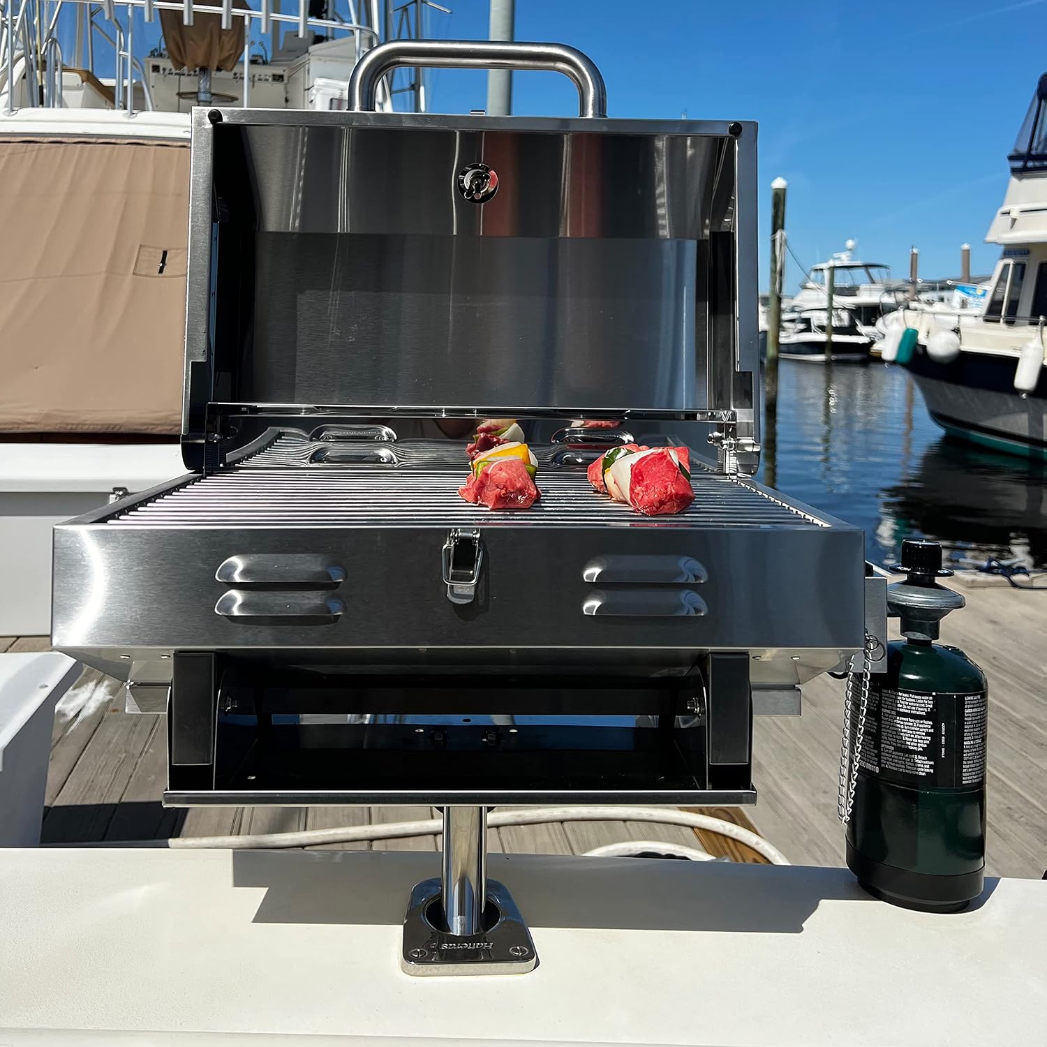 Bunker Up Fishin Stainless Steel Boat Grill with Rod Holder Mount - Great for Boating Marine and Camping - Portable BBQ Grill | Tabletop Grill, 12000 BTU Burner, 246 sq.in Grilling Space
