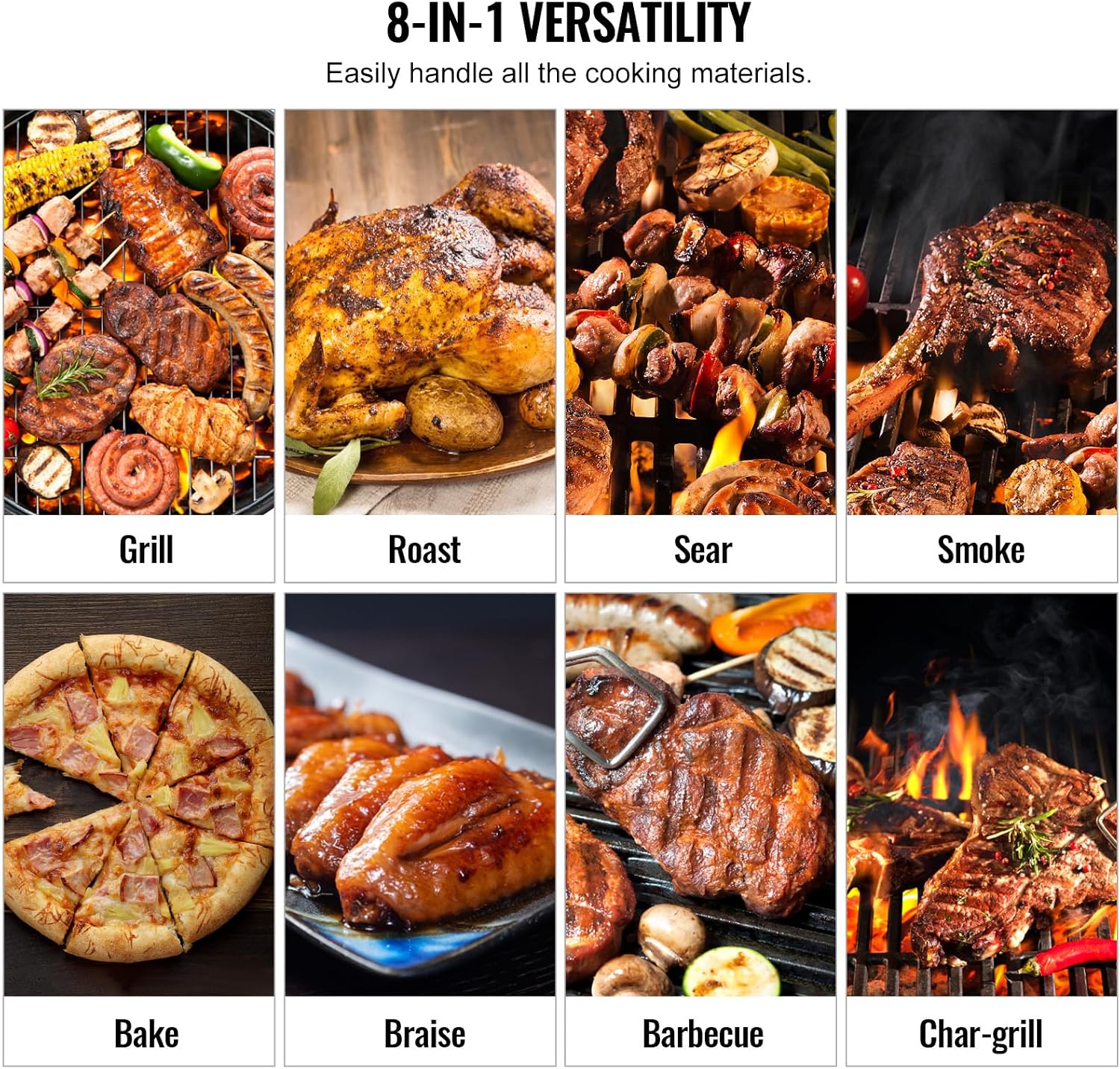 VEVOR Smoker Grill, Portable Wood Pellet Grill with Cart, 8 IN 1 BBQ Grill with PID Temperature Control for Outdoor Cooking, Barbecue Camping, Picnic, 730 sq, Patio and Backyard, Black