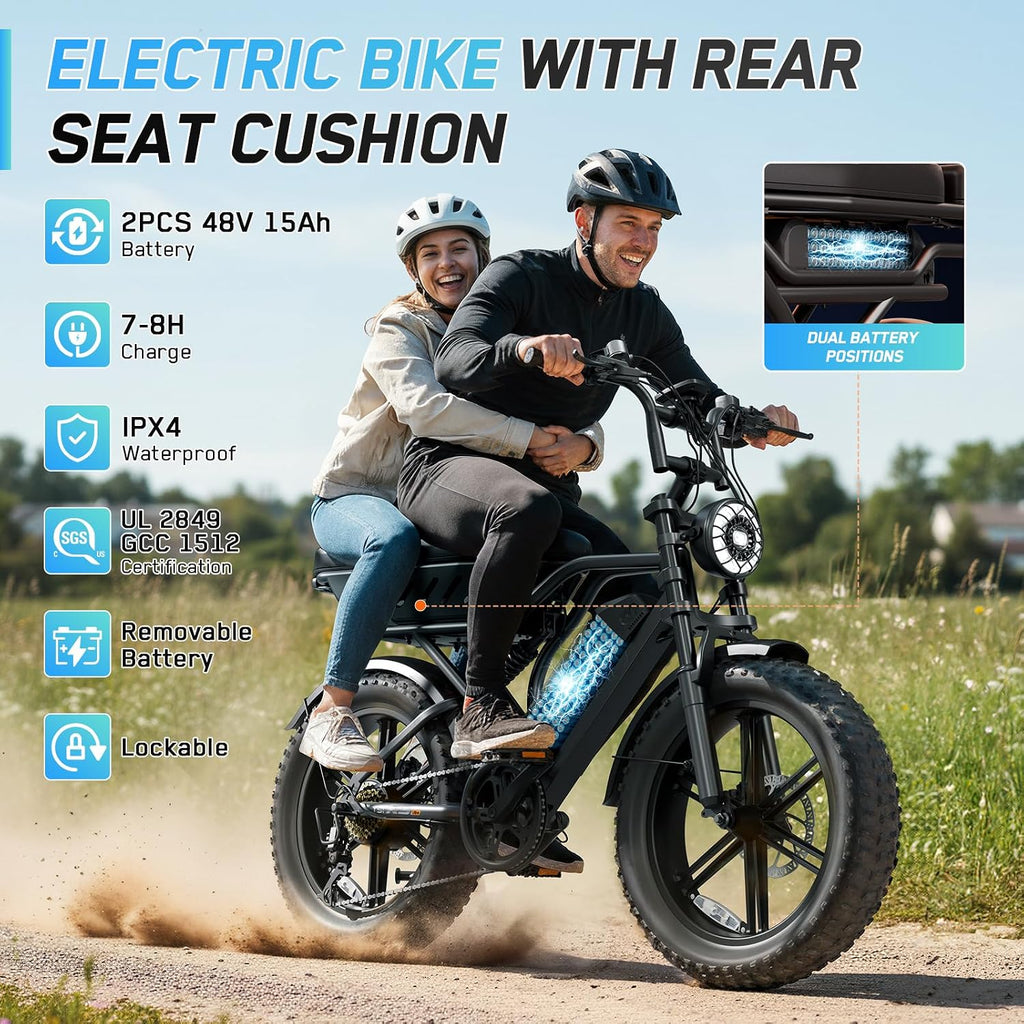 TST Electric Bike for Adults, 1500W Peak Motor 60/100 Miles Fat Tire Ebike with 48V 15Ah/25Ah Removable Battery 20' Fat Tire Electric Dirt Bike Full Suspension and 7-Speed