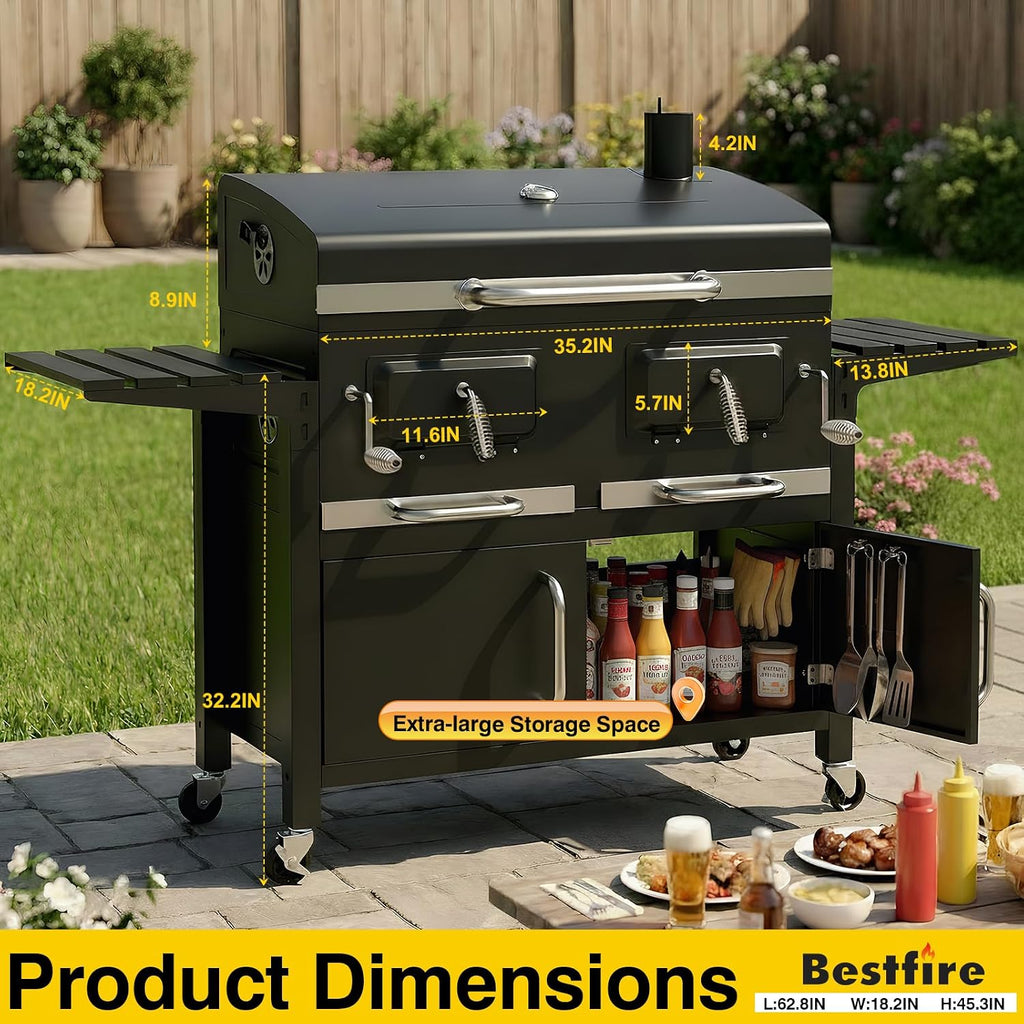 Bestfire 63' Oversized Charcoal BBQ Grill & Smoker, Large Outdoor Grill with 2 Individual Lifting Charcoal Trays, Cabinet-Style Charcoal Grills with Foldable Side Tables, 4 Wheels, Asadores de Carbon