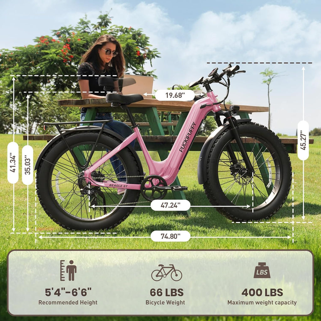 PUCKIPUPPY Electric Bike for Adults 960W, 26' Fat Tire, Step-Through Design Electric Mountain Hunting Bike, 48V 15AH Max 28MPH Off-Road Ebike with Rear Storage Shelf