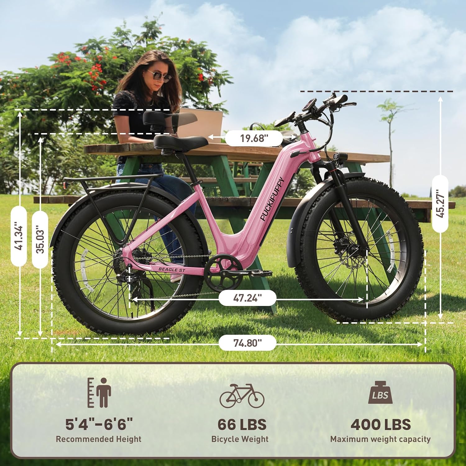 PUCKIPUPPY Electric Bike for Adults 960W, 26' Fat Tire, Step-Through Design Electric Mountain Hunting Bike, 48V 15AH Max 28MPH Off-Road Ebike with Rear Storage Shelf