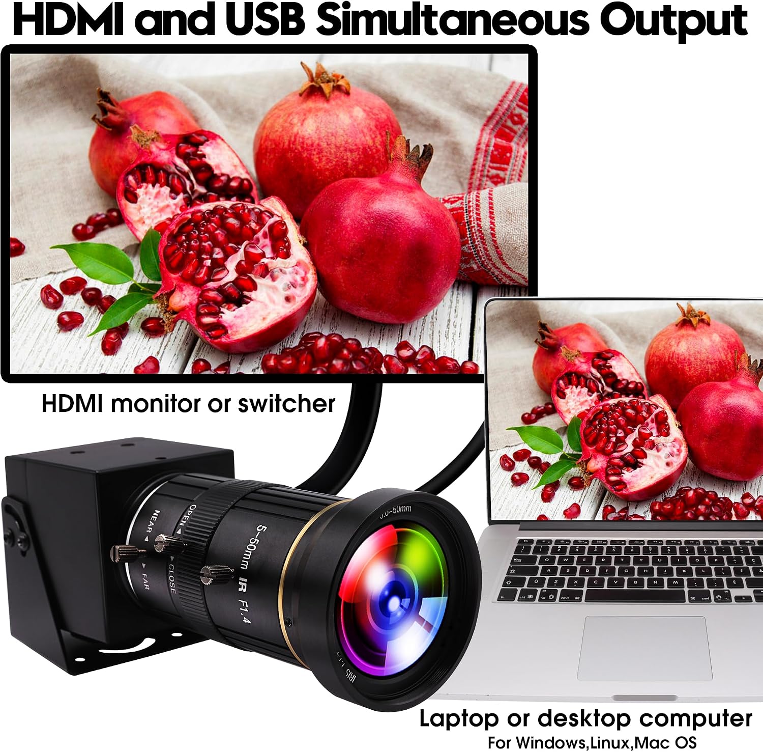 HDMI USB Webcam 4K Camera Simultaneous Output Video Conference 10X Optical Zoom Lens Close up Computer Web Cam for Webcast Industrial Inspection Education Training Camera