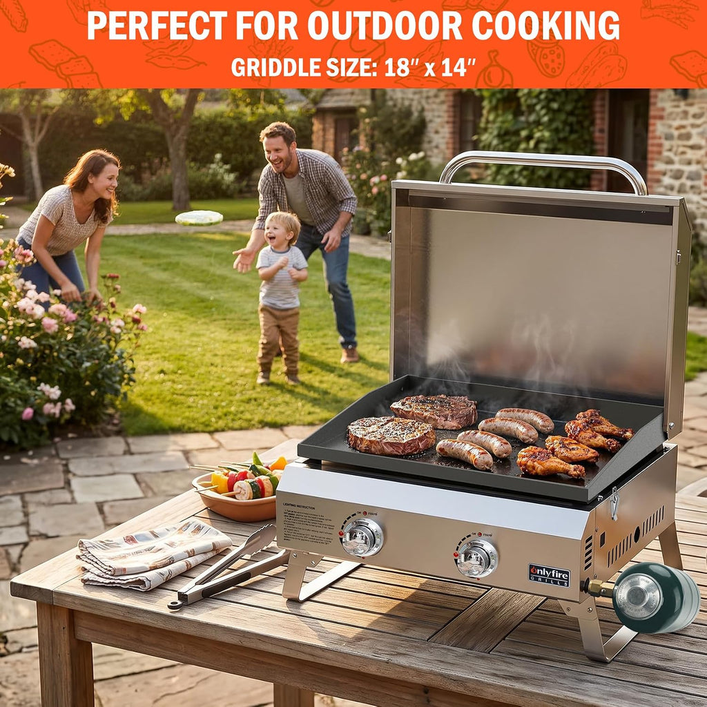 ONLYFIRE GRILLS Tabletop Gas Griddle with Foldable Legs, 2-Burner BBQ Propane Flat Top Griddle, Portable Gas Stove for Outdoor Cooking Patio Party Camping Tailgating RV, Stainless Steel, GS318