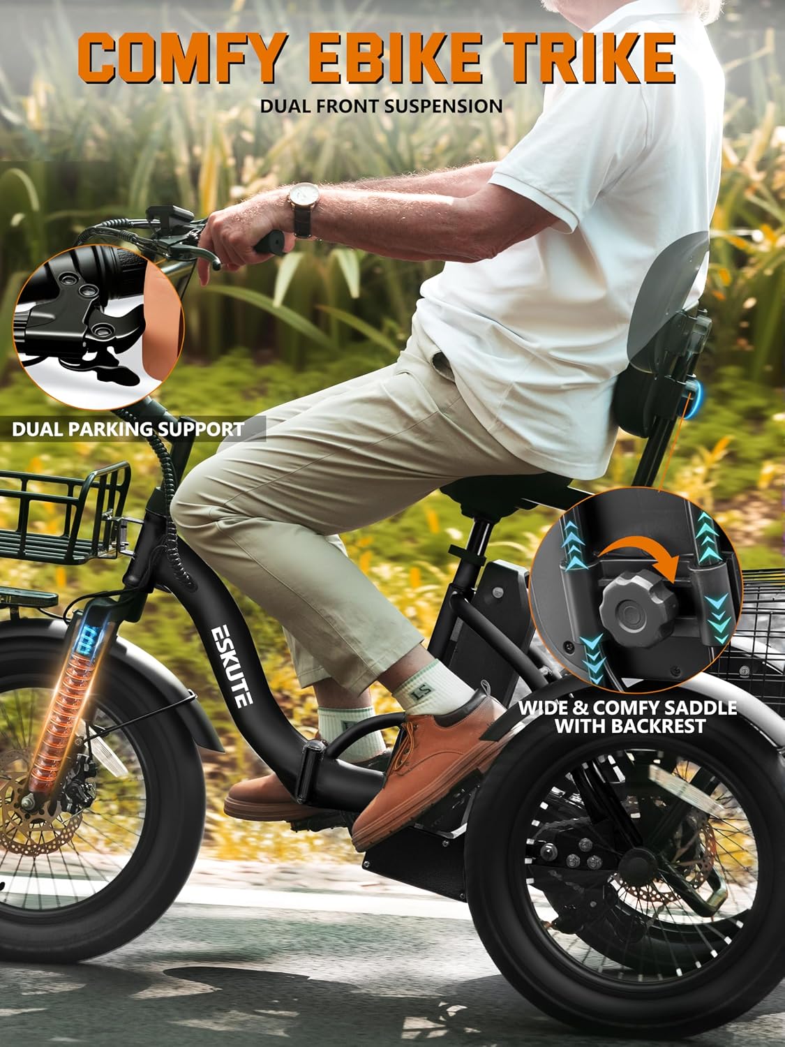 ESKUTE E Trike Electric Bike, Peak 1200W Brushless Motor Folding Trike 18X3.0 Fat Tire Ebike, 624Wh Removable Battery, Step-Thru 3 Wheel Electric Bicycle, Up to 55 Miles, 18MPH+ Tricycle for Adults