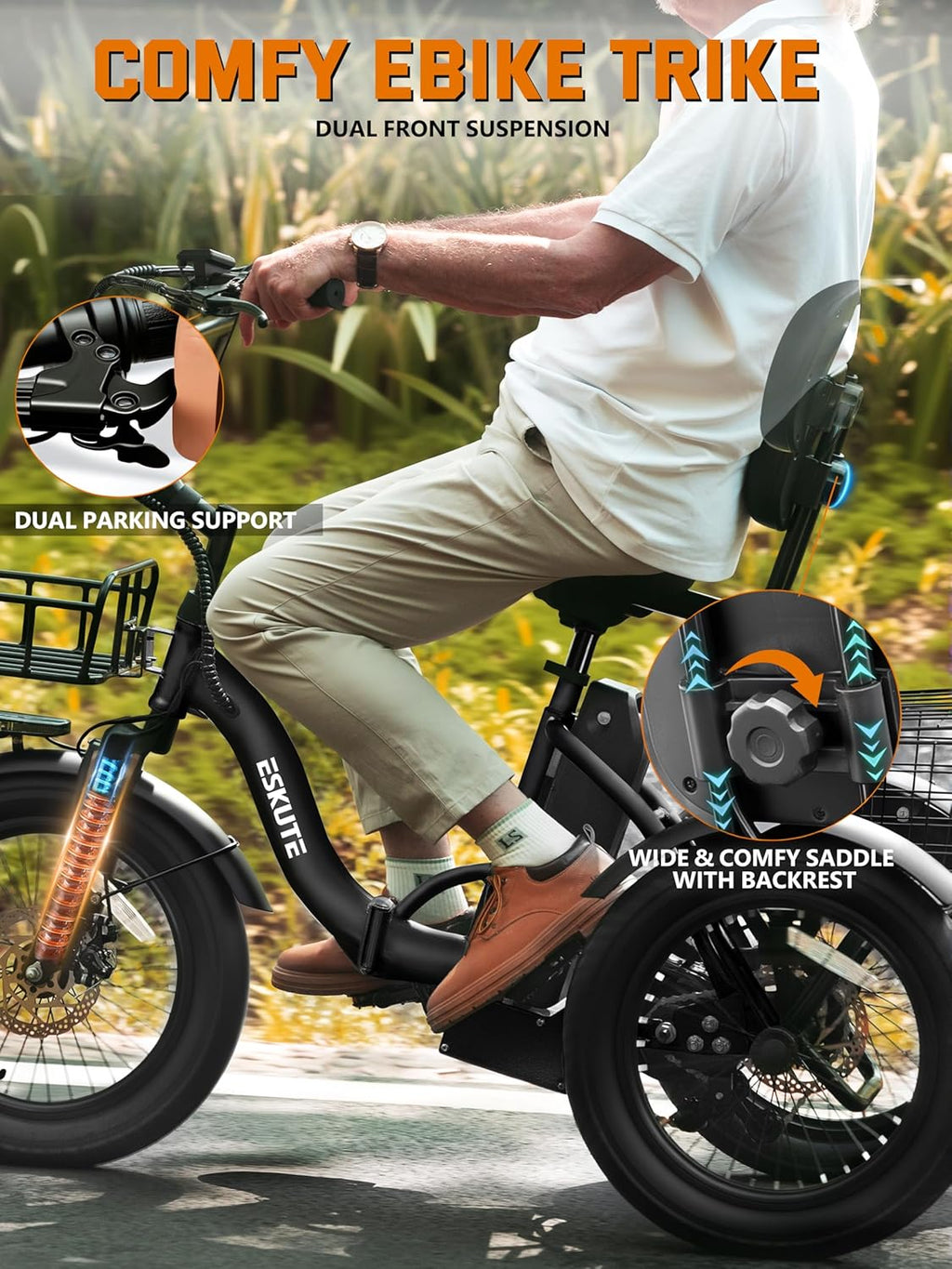 ESKUTE E Trike Electric Bike, Peak 1200W Brushless Motor Folding Trike 18X3.0 Fat Tire Ebike, 624Wh Removable Battery, Step-Thru 3 Wheel Electric Bicycle, Up to 55 Miles, 18MPH+ Tricycle for Adults