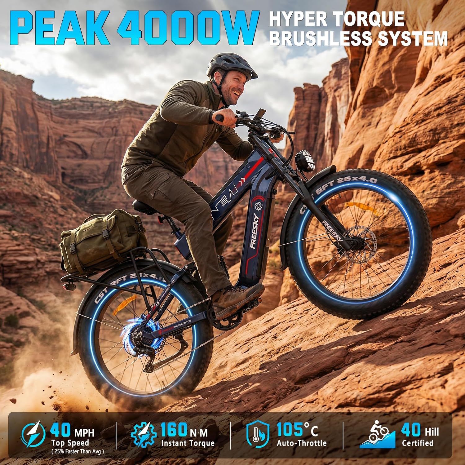 FREESKY Dual Battery Electric Bike for Adults, 48V 45AH 200 Miles Long Range E Bike, 4000W Motor 40MPH+, 26' Fat Tire Fast Mountain EBike, Full Suspension & Hydraulic Brakes, UL 2849 Certified by TÜV