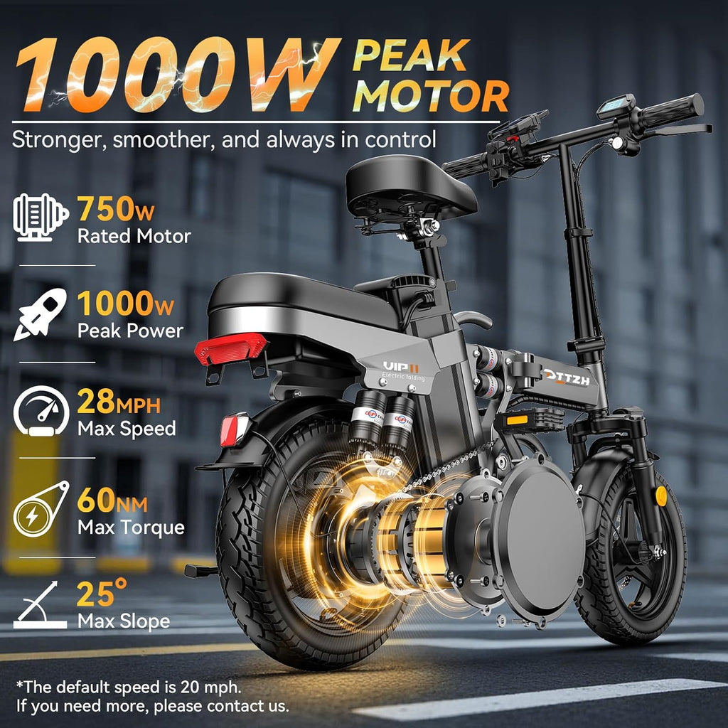 DTTZH Foldable Ebike with Keyless Ignore, 1000/2000W, 40/28MPH, 52V 25Ah/48V 15Ah, Max 60-80 Miles Range Folding Electric Bike, 14' Commuter Adult Electric Bicycle, UL2849 Certified E Bike