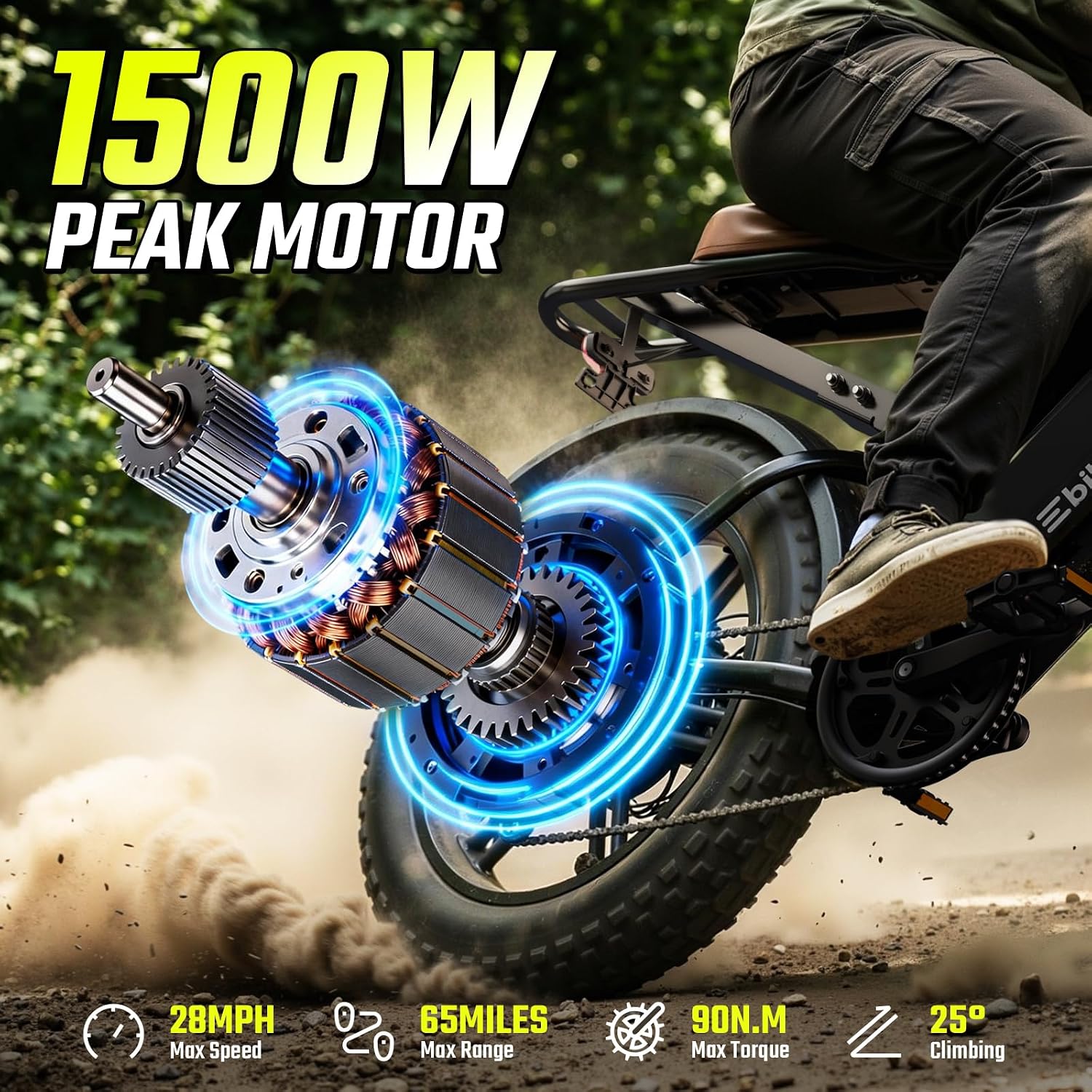 TST Electric Bike for Adults, 1500W Peak Motor 60/100 Miles Fat Tire Ebike with 48V 15Ah/25Ah Removable Battery 20' Fat Tire Electric Dirt Bike Full Suspension and 7-Speed